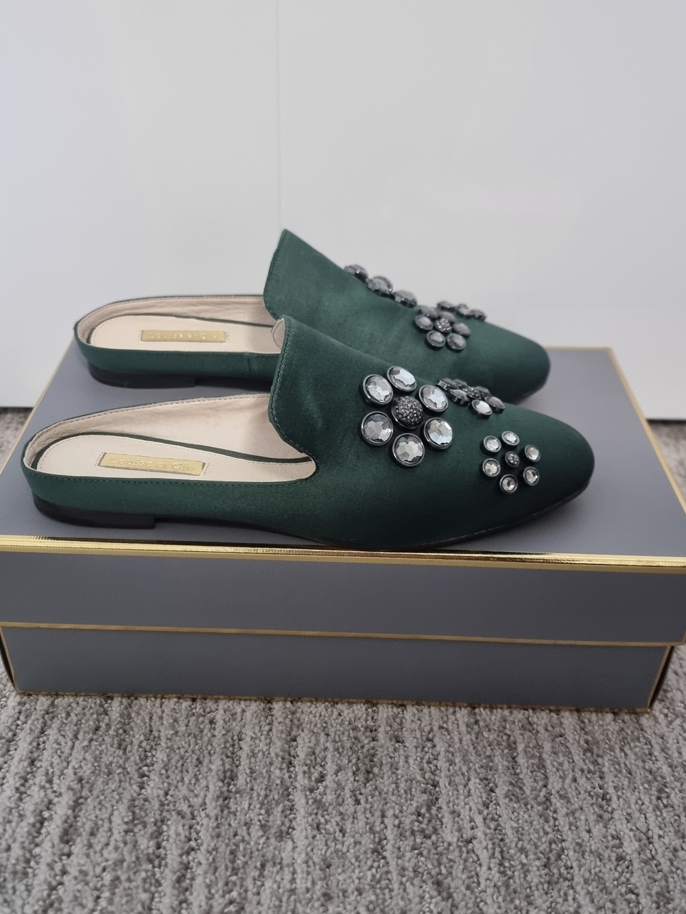 Louise et Cie Emerald Green Jeweled Satin Mules